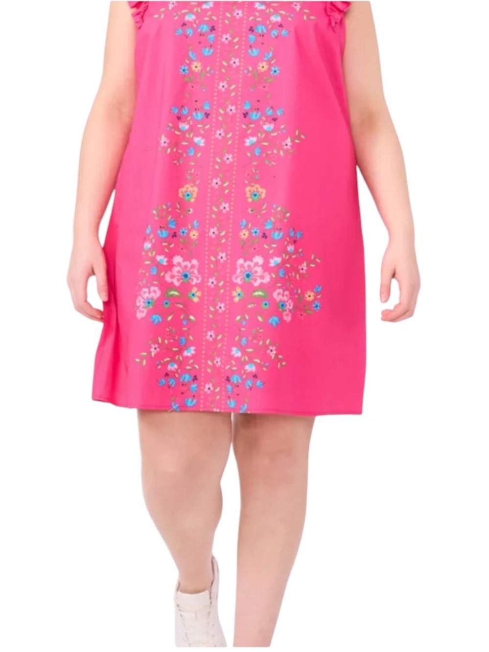 CeCe bright fuchsia floral ruffle cap sleeve crew neck shift dress - Picture 2 of 13